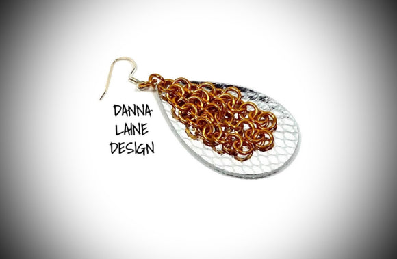 233-A/L Orange Chain on Shiny Silver Leather Teardrop Backing