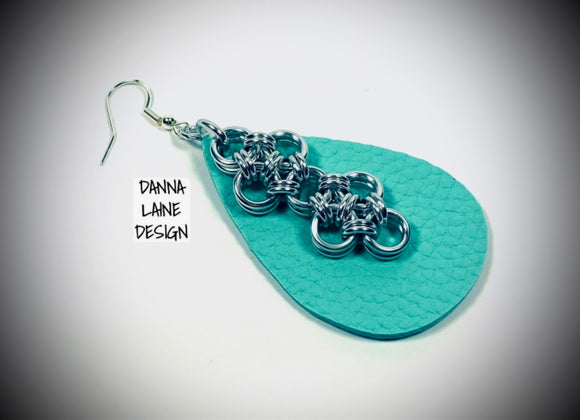 251-A/L Silver Chain on Turquoise Leather Teardrop Backing